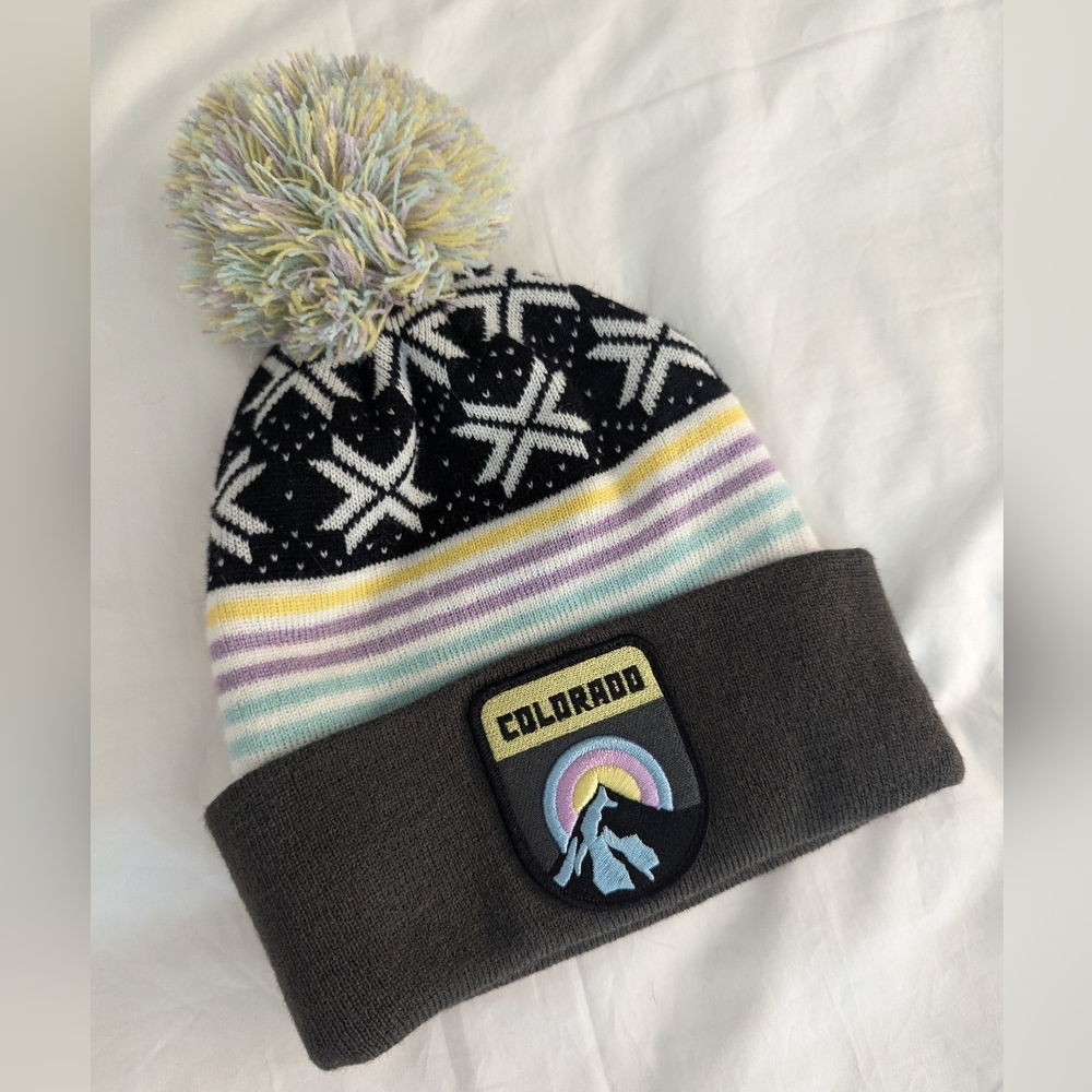 Colorado Colorful Ski Foldover Pom Pom Beanie Cabincore